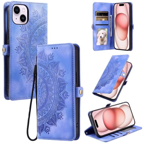 

For iPhone 15 Plus Skin Feel Totem Embossed Leather Phone Case(Purple)