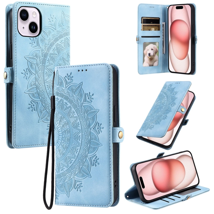 

For iPhone 14 Skin Feel Totem Embossed Leather Phone Case(Blue)