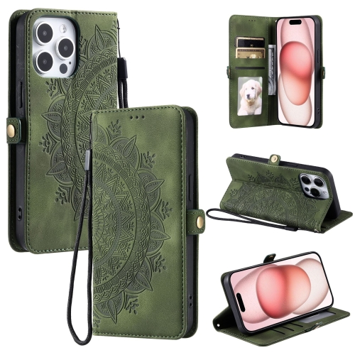 

For iPhone 13 Pro Max Skin Feel Totem Embossed Leather Phone Case(Deep Green)