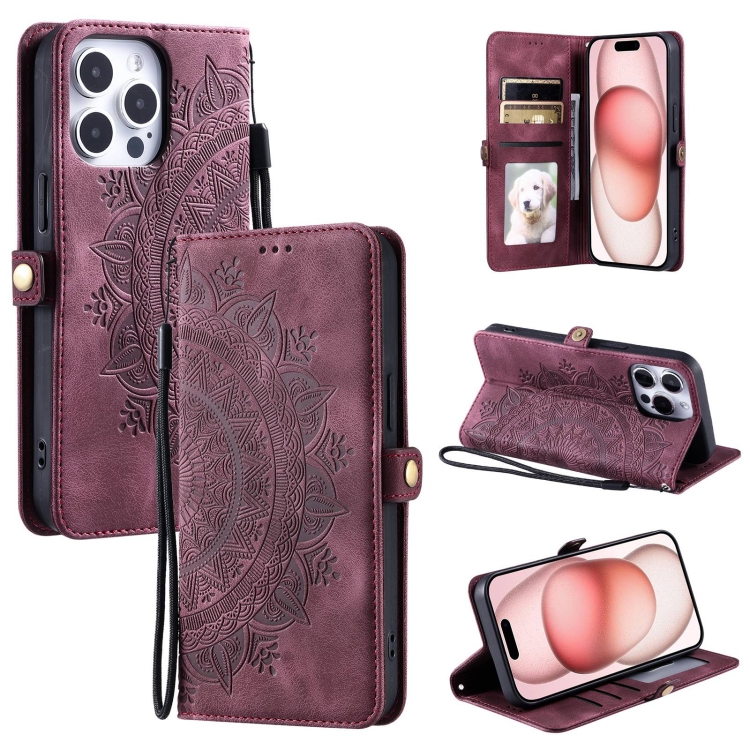 

For iPhone 13 Pro Max Skin Feel Totem Embossed Leather Phone Case(Wine Red)