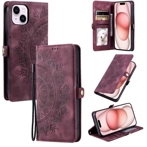 

For iPhone 13 Skin Feel Totem Embossed Leather Phone Case(Wine Red)