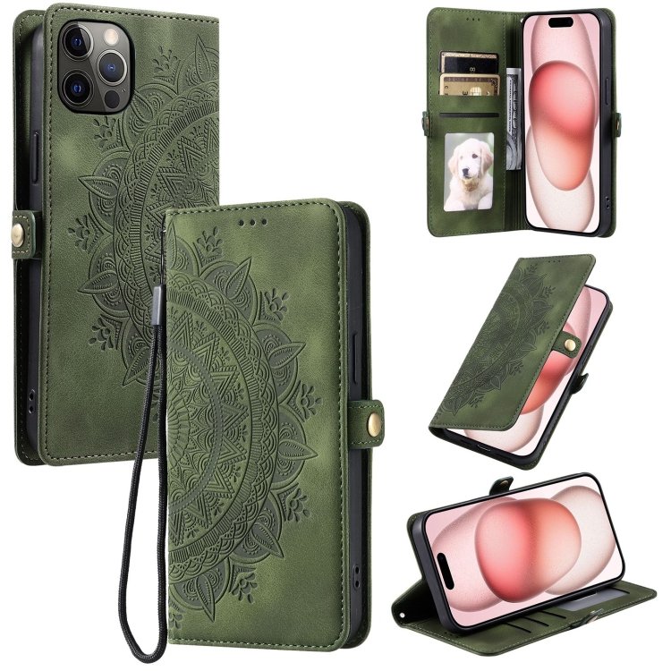 

For iPhone 12 Pro Max Skin Feel Totem Embossed Leather Phone Case(Deep Green)
