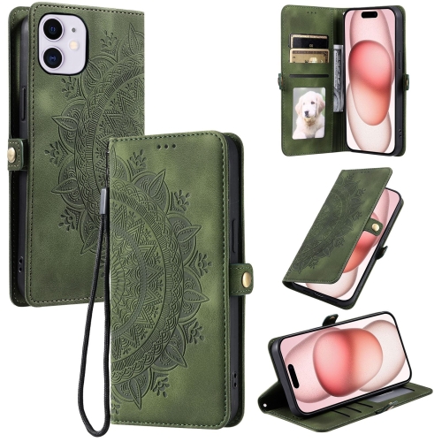 

For iPhone 11 Skin Feel Totem Embossed Leather Phone Case(Deep Green)