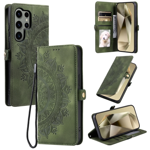 

For Samsung Galaxy S22 Ultra 5G Skin Feel Totem Embossed Leather Phone Case(Deep Green)