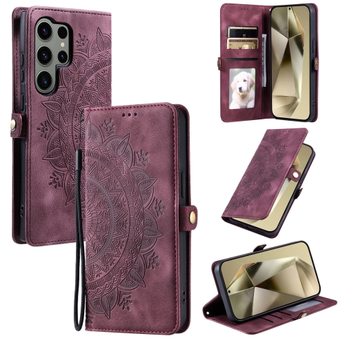 

For Samsung Galaxy S22 Ultra 5G Skin Feel Totem Embossed Leather Phone Case(Wine Red)