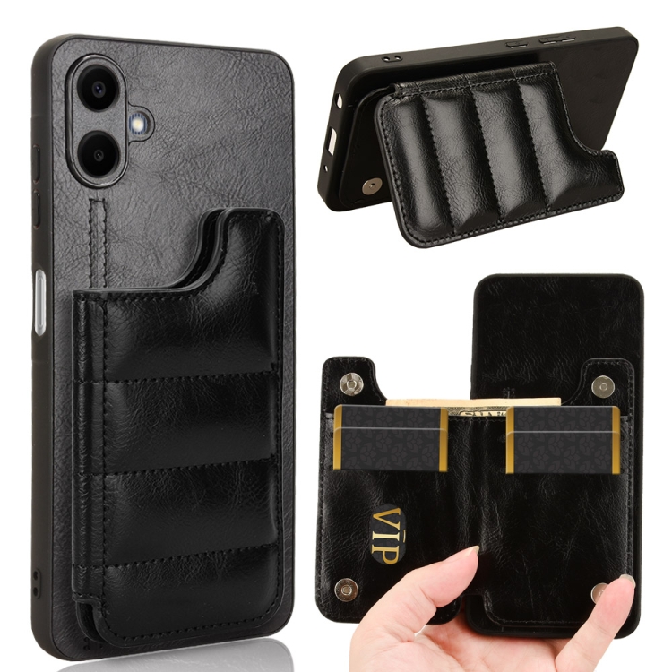 

For Samsung Galaxy A06 4G Cow Pattern Sewing Card Bag Phone Case(Black)