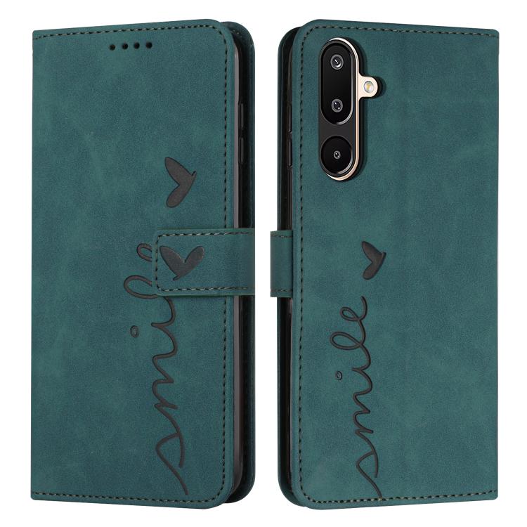 

For Samsung Galaxy F16 5G / M16 5G Skin Feel Heart Embossed Leather Phone Case with Long Lanyard(Green)