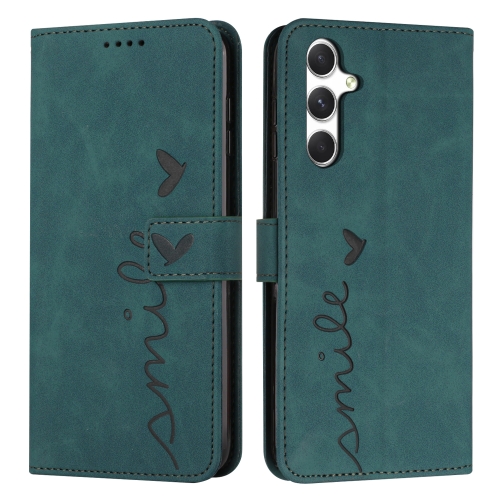 

For Samsung Galaxy A56 5G Skin Feel Heart Embossed Leather Phone Case with Long Lanyard(Green)