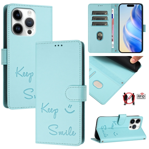 

For iPhone 16 Pro Smile Embossing RFID Leather Phone Case(Mint Green)