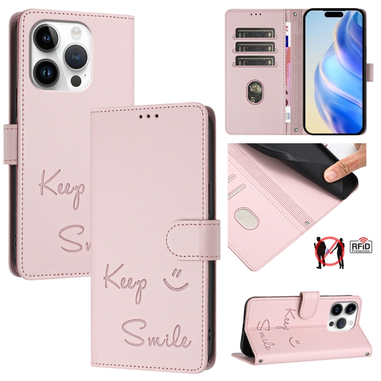 

For iPhone 16 Pro Smile Embossing RFID Leather Phone Case(Pink)