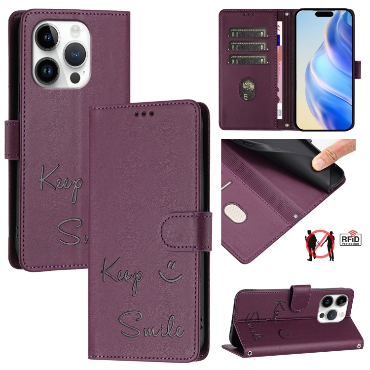 

For iPhone 16 Pro Smile Embossing RFID Leather Phone Case(Violet)