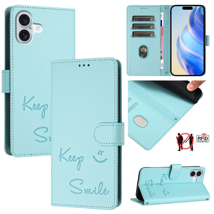 

For iPhone 16 Plus Smile Embossing RFID Leather Phone Case(Mint Green)