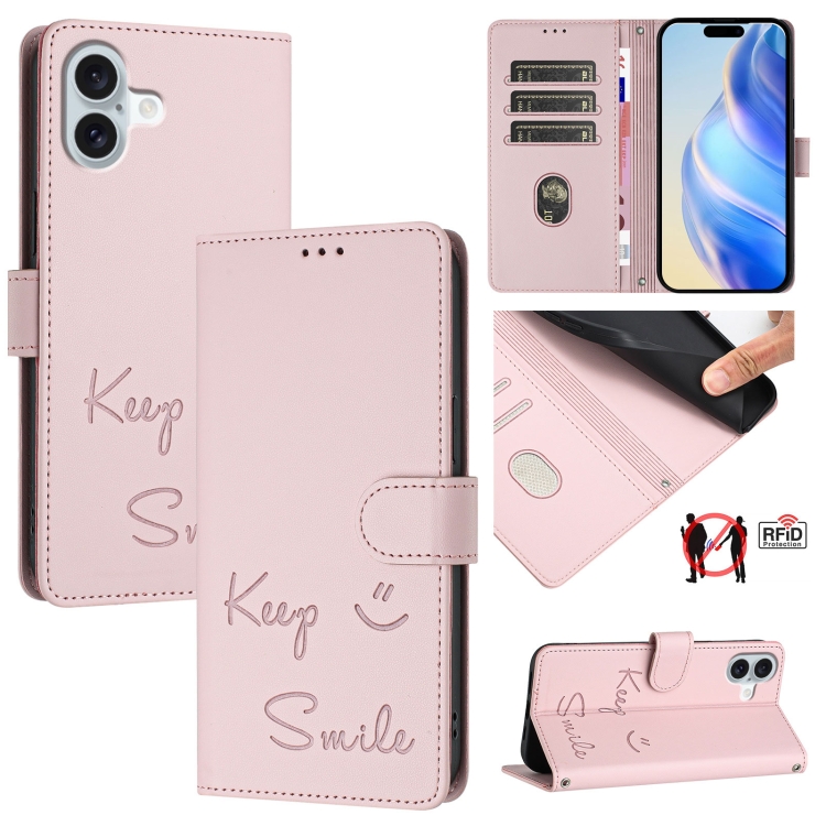 

For iPhone 16 Plus Smile Embossing RFID Leather Phone Case(Pink)