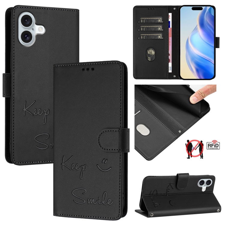 

For iPhone 16 Plus Smile Embossing RFID Leather Phone Case(Black)