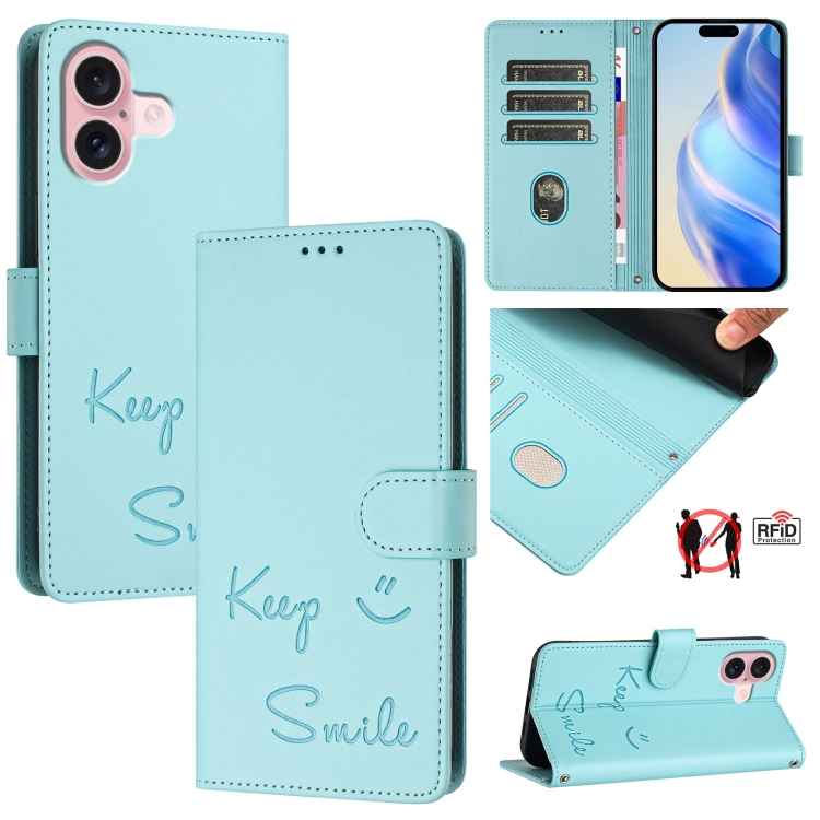 

For iPhone 16 Smile Embossing RFID Leather Phone Case(Mint Green)