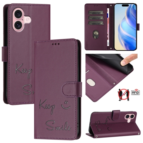 

For iPhone 16 Smile Embossing RFID Leather Phone Case(Violet)