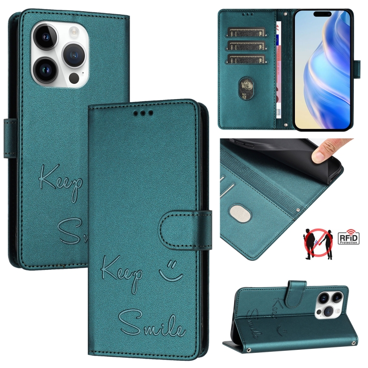 

For iPhone 15 Pro Smile Embossing RFID Leather Phone Case(Peacock Green)