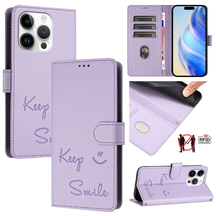 

For iPhone 15 Pro Smile Embossing RFID Leather Phone Case(Light Purple)