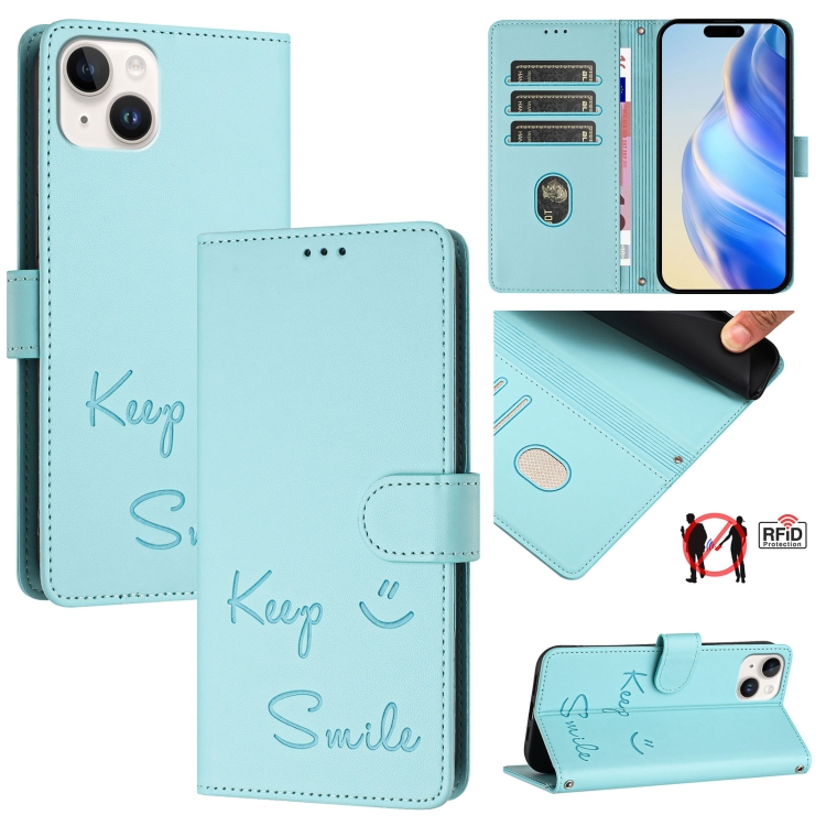 

For iPhone 15 Plus Smile Embossing RFID Leather Phone Case(Mint Green)
