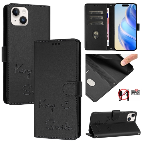 

For iPhone 15 Plus Smile Embossing RFID Leather Phone Case(Black)