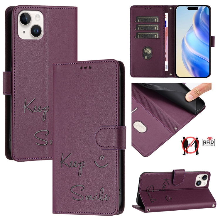 

For iPhone 14 Plus Smile Embossing RFID Leather Phone Case(Violet)
