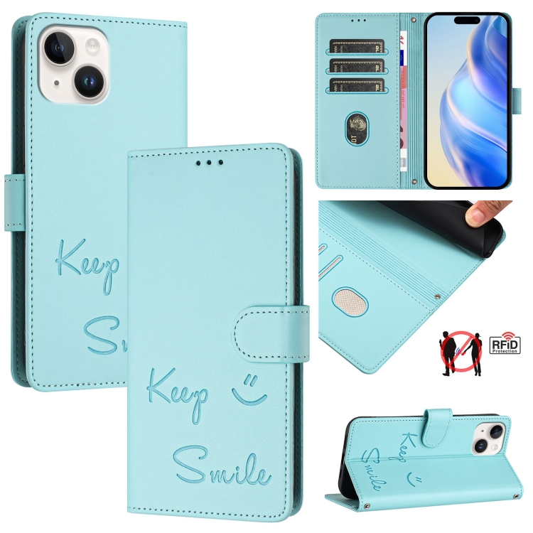 

For iPhone 14 / 13 Smile Embossing RFID Leather Phone Case(Mint Green)