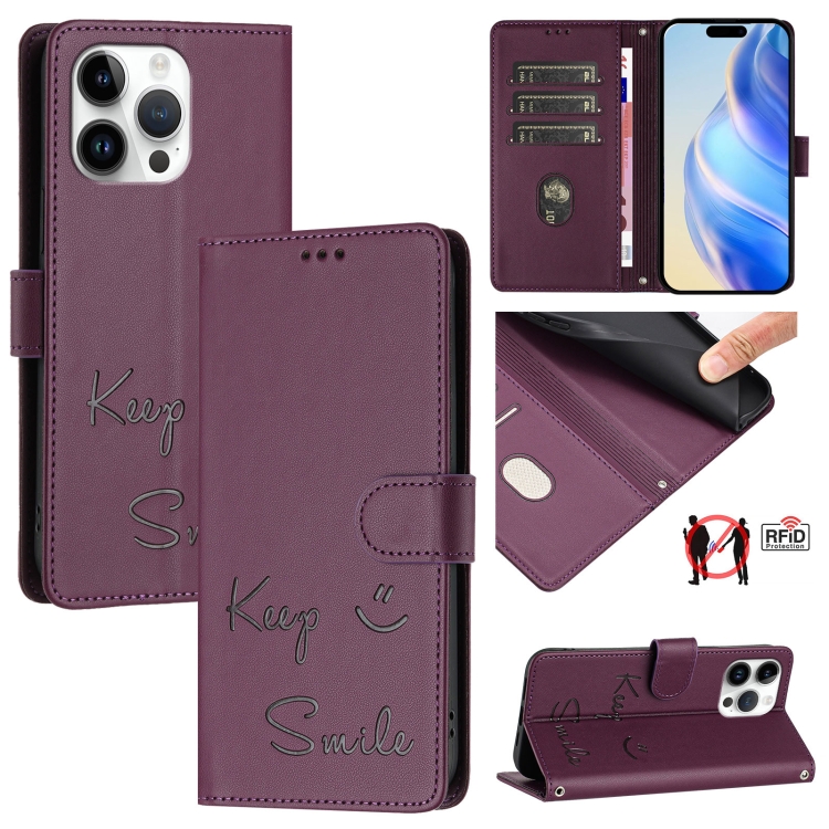 

For iPhone 14 Pro Max Smile Embossing RFID Leather Phone Case(Violet)