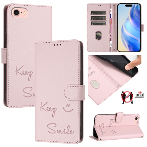 

For iPhone SE 2022 / 2020 / 8 / 7 Smile Embossing RFID Leather Phone Case(Pink)