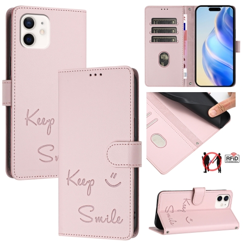 

For iPhone 12 / 12 Pro Smile Embossing RFID Leather Phone Case(Pink)