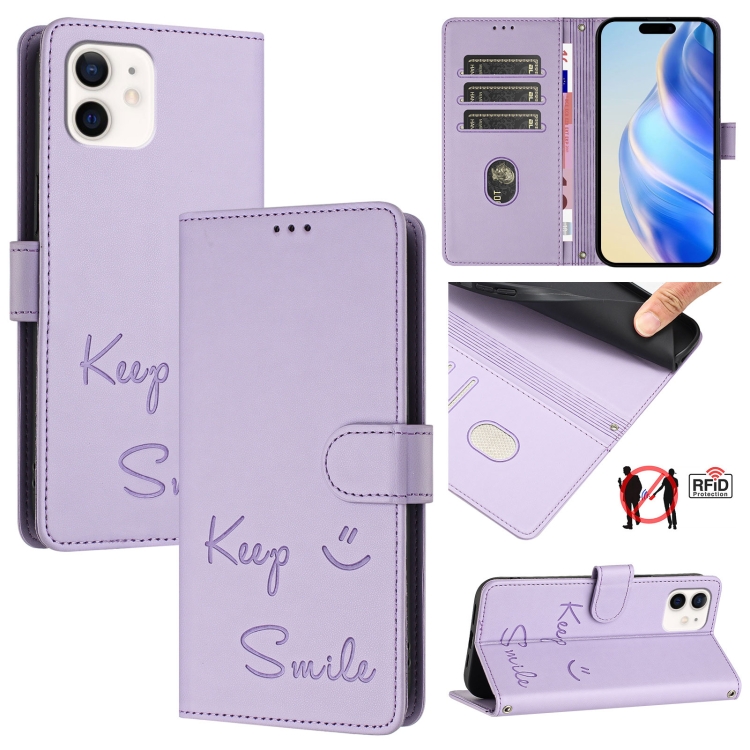 

For iPhone 12 / 12 Pro Smile Embossing RFID Leather Phone Case(Light Purple)
