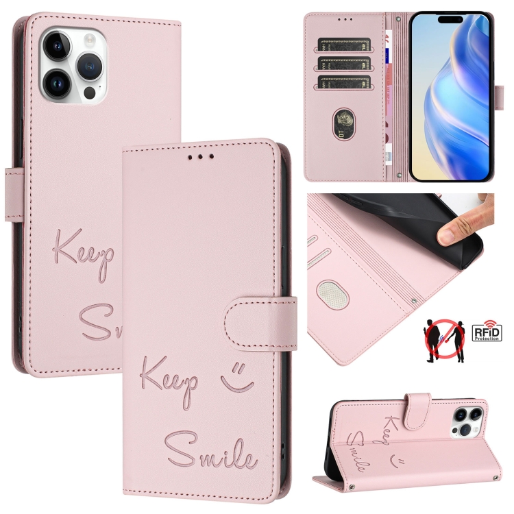 

For iPhone 12 Pro Max Smile Embossing RFID Leather Phone Case(Pink)