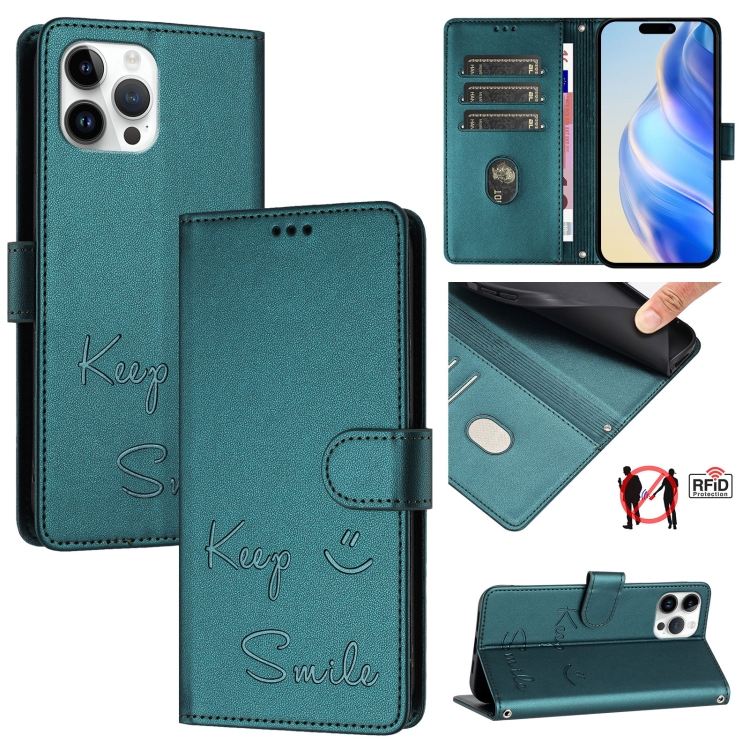 

For iPhone 12 Pro Max Smile Embossing RFID Leather Phone Case(Peacock Green)