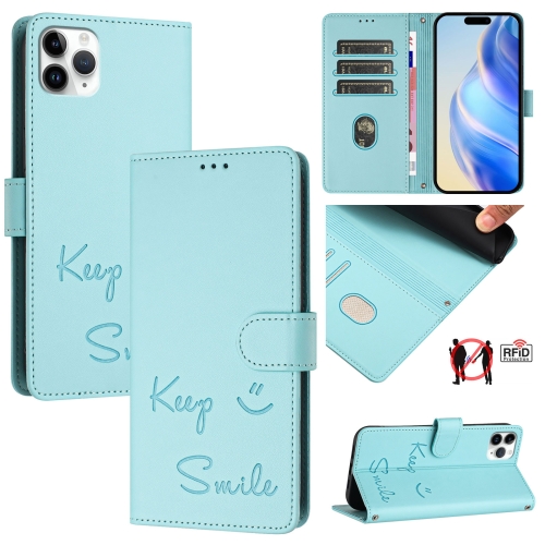 

For iPhone 11 Pro Max Smile Embossing RFID Leather Phone Case(Mint Green)