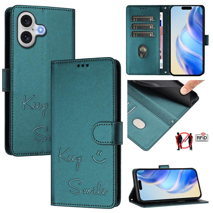 

For iPhone 17 Smile Embossing RFID Leather Phone Case(Peacock Green)