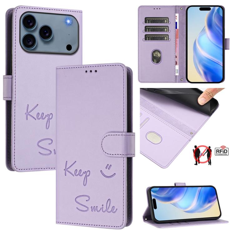

For iPhone 17 Pro Smile Embossing RFID Leather Phone Case(Light Purple)