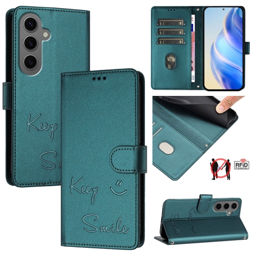 

For Samsung Galaxy S24+ 5G Smile Embossing RFID Leather Phone Case(Peacock Green)