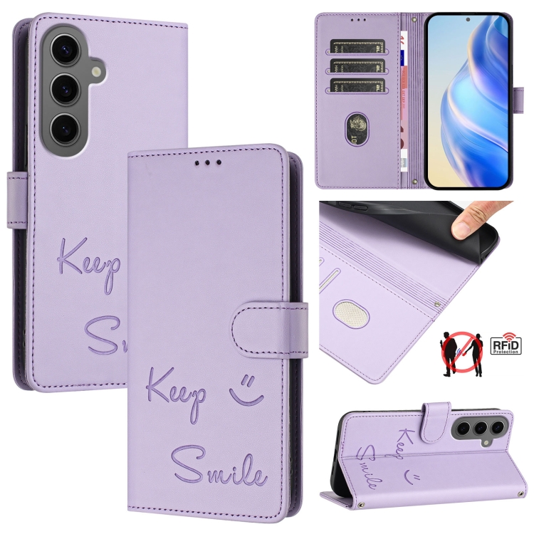 

For Samsung Galaxy S24+ 5G Smile Embossing RFID Leather Phone Case(Light Purple)