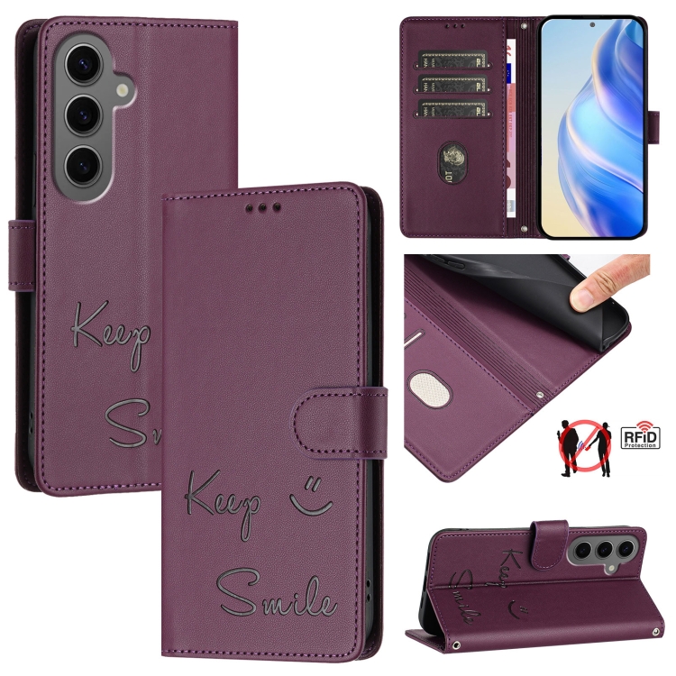 

For Samsung Galaxy S24+ 5G Smile Embossing RFID Leather Phone Case(Violet)