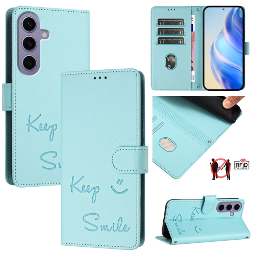 

For Samsung Galaxy S24 5G Smile Embossing RFID Leather Phone Case(Mint Green)