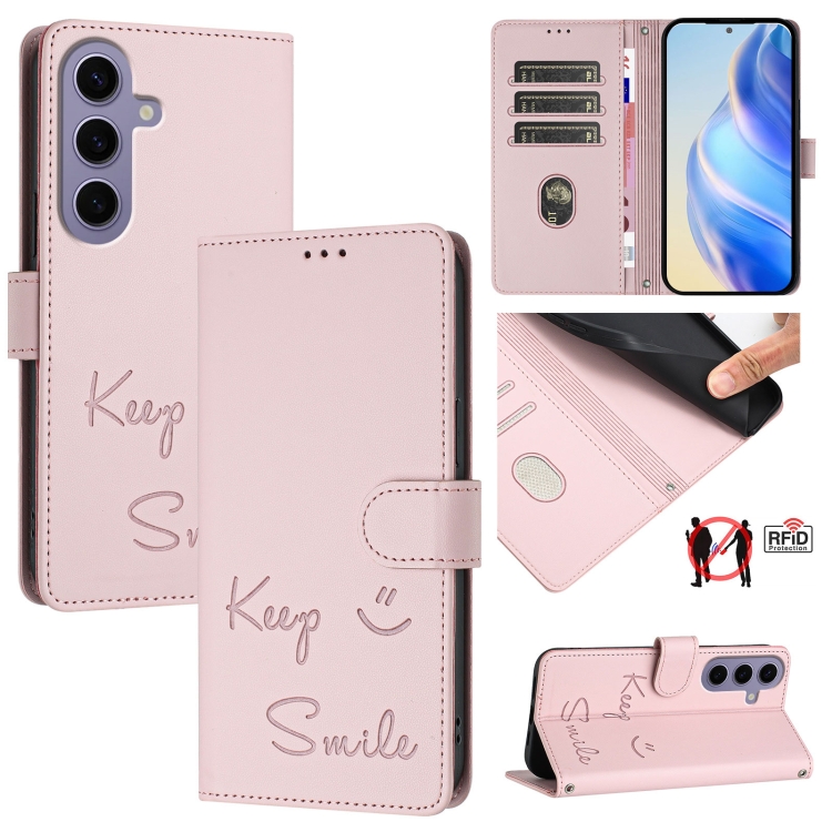 

For Samsung Galaxy S24 5G Smile Embossing RFID Leather Phone Case(Pink)