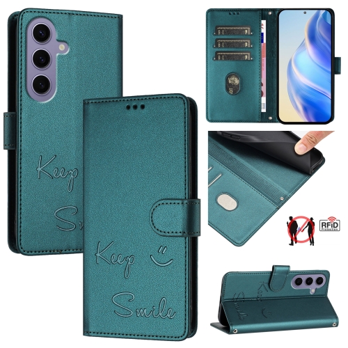 

For Samsung Galaxy S24 5G Smile Embossing RFID Leather Phone Case(Peacock Green)