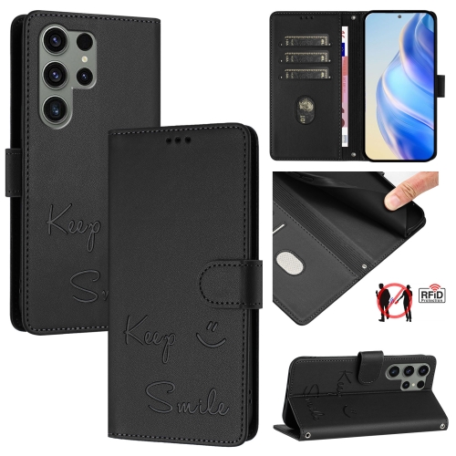 

For Samsung Galaxy S23 Ultra 5G Smile Embossing RFID Leather Phone Case(Black)