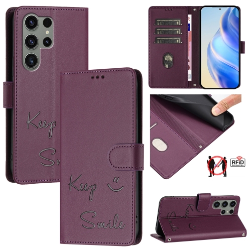 

For Samsung Galaxy S23 Ultra 5G Smile Embossing RFID Leather Phone Case(Violet)