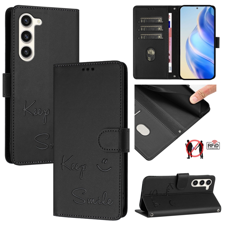 

For Samsung Galaxy S23+ 5G Smile Embossing RFID Leather Phone Case(Black)