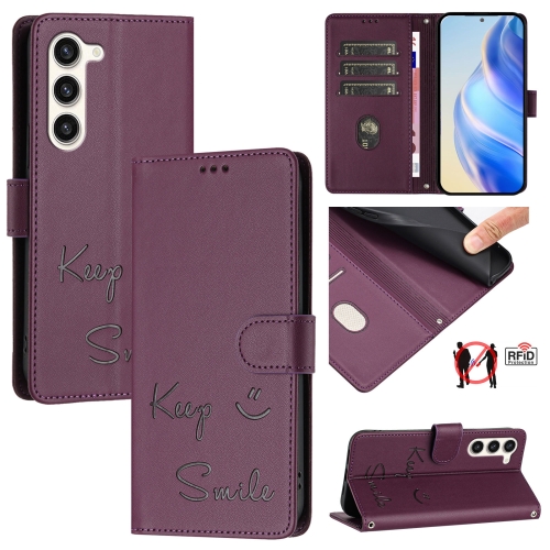 

For Samsung Galaxy S23+ 5G Smile Embossing RFID Leather Phone Case(Violet)