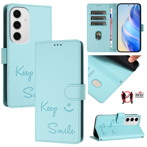 

For Samsung Galaxy S24 FE 5G Smile Embossing RFID Leather Phone Case(Mint Green)