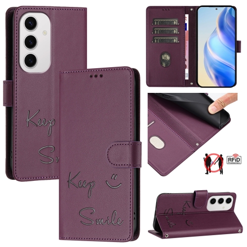 

For Samsung Galaxy S24 FE 5G Smile Embossing RFID Leather Phone Case(Violet)