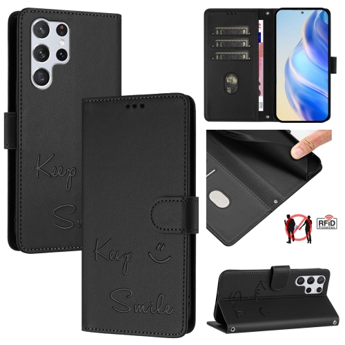 

For Samsung Galaxy S22 Ultra 5G Smile Embossing RFID Leather Phone Case(Black)