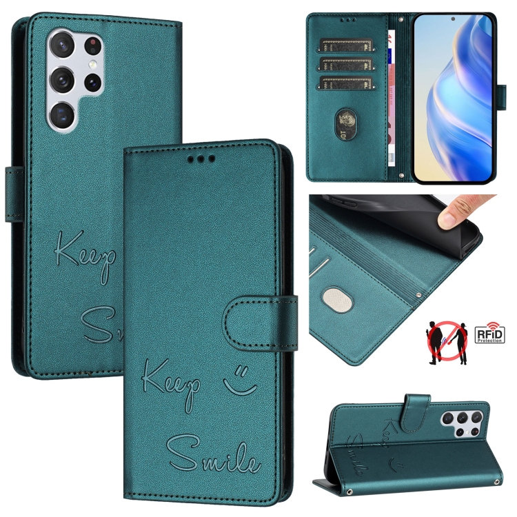 

For Samsung Galaxy S22 Ultra 5G Smile Embossing RFID Leather Phone Case(Peacock Green)