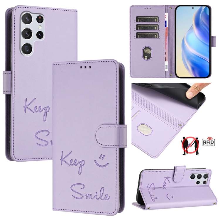 

For Samsung Galaxy S22 Ultra 5G Smile Embossing RFID Leather Phone Case(Light Purple)